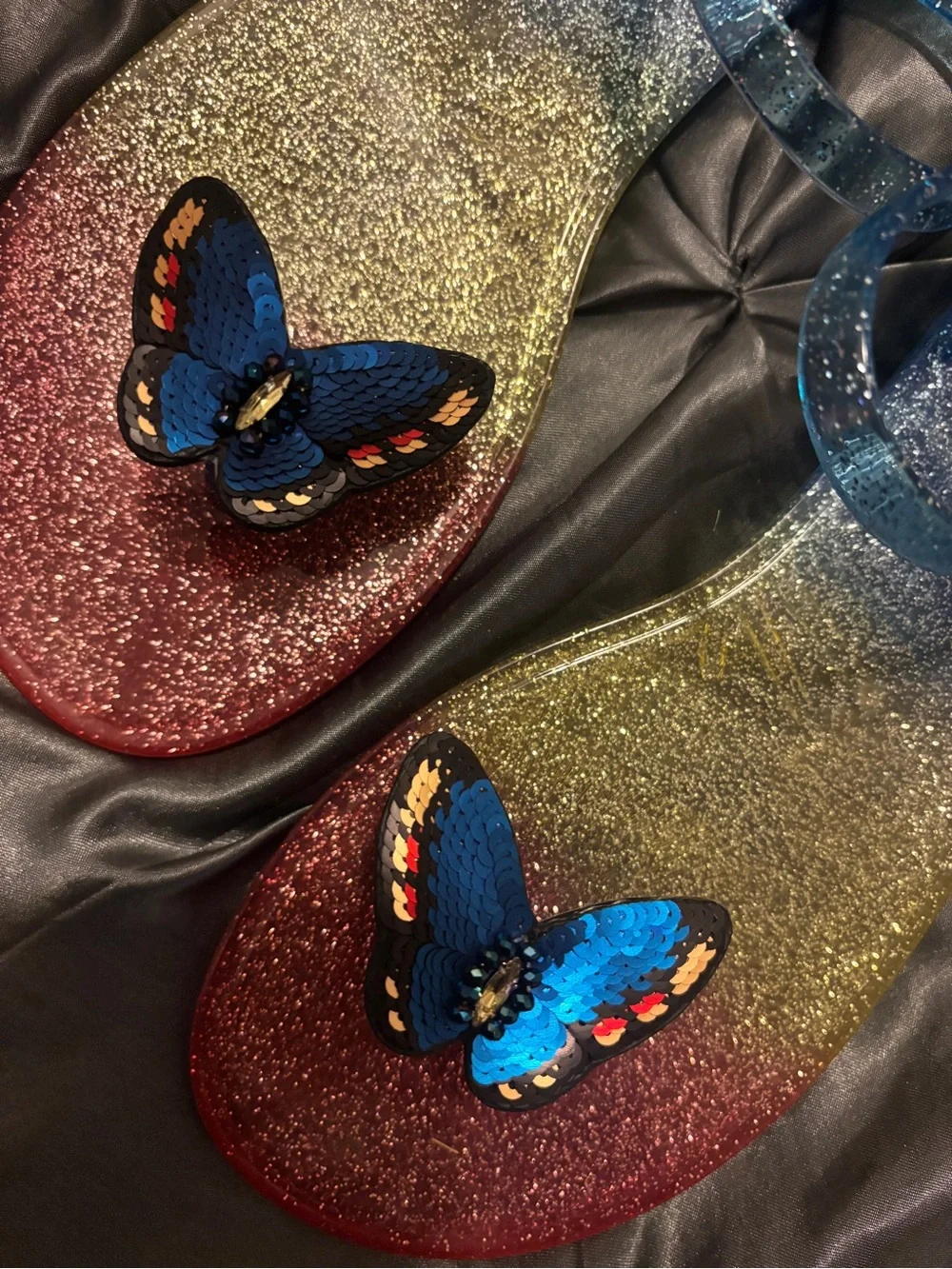 Betsey Johnson Glitter Ombre Jelly Sandals with Blue Butterfly Accents